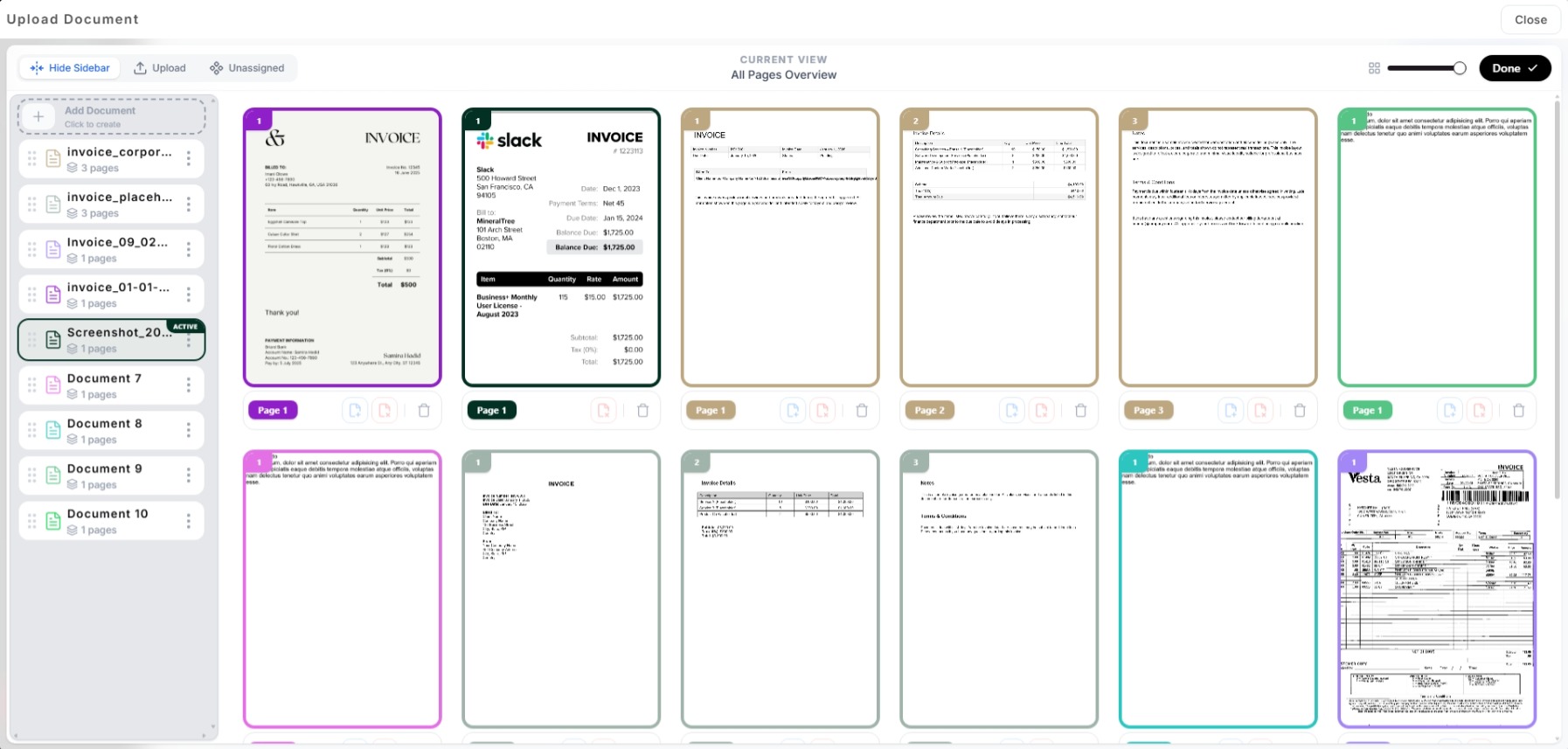 Upload manager where multiple documents and images can be grouped, reordered, and assigned into final files